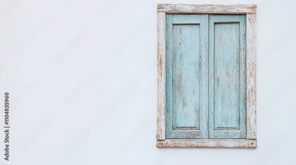 A weathered turquoise window set against a plain white wall, showcasing rustic charm. A weathered turquoise window set against a plain white wall, showcasing rustic charm.