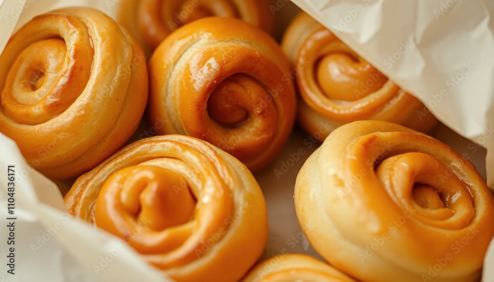 a close-up image of golden-brown pastry swirls with a glossy finish, arranged neatly in a crinkled parchment paper-lined bag a close-up image of golden-brown pastry swirls with a glossy finish, arranged neatly in a crinkled parchment paper-lined bag