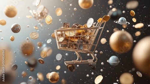 A shopping cart floats among colorful planets and coins in a cosmic scene, symbolizing the fusion of commerce and the universe.