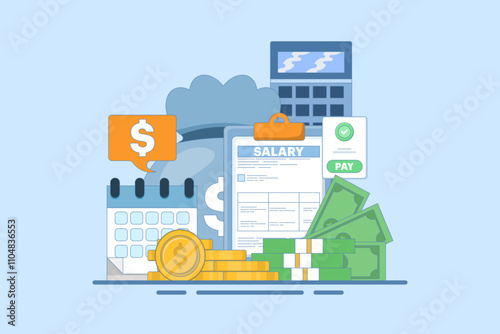 Payroll Concept, payroll administration, accountant calculating salary, Expenses, salary calculation for web landing page template, banner, flyer. Flat vector illustration on background.
