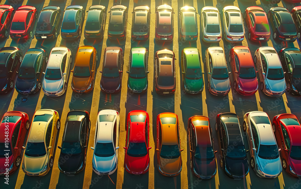 Fototapeta premium Rows of new cars parked in an urban dealership lot, showcasing modern automotive industry transport and sale in a well organized business environment.