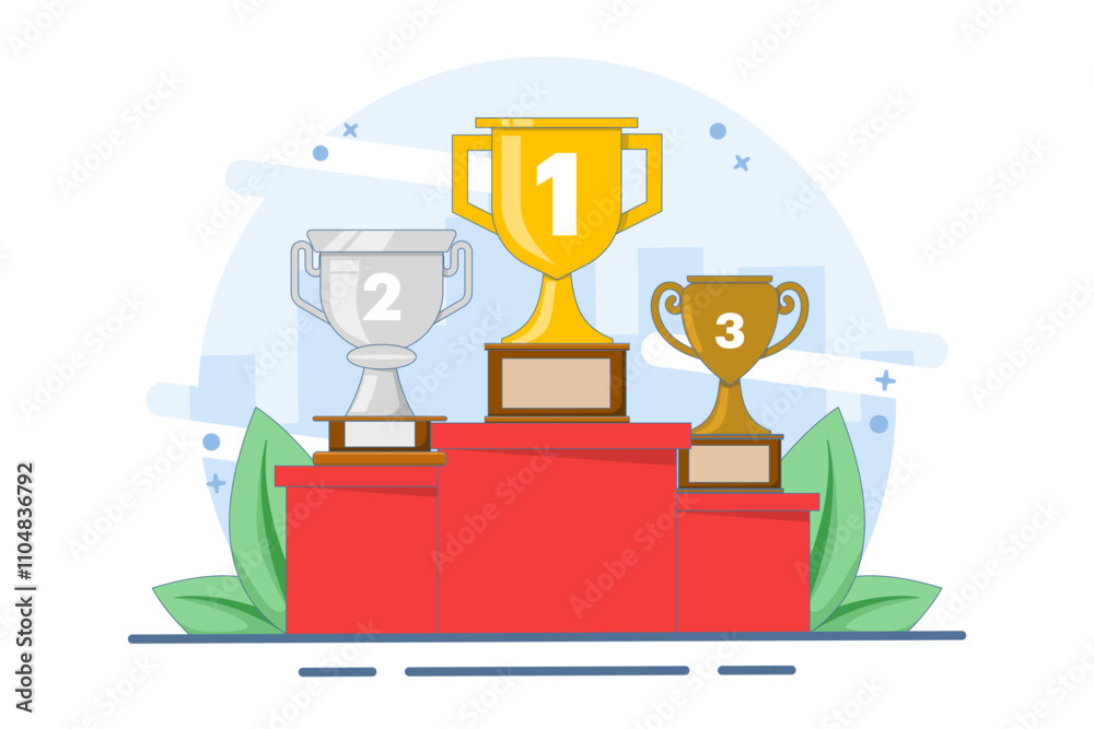 Concept of winner podium with trophies. Prizes for champions. Gold, silver and bronze cups. Winners with awards. About business success, awards, career, successful projects and competitions. Concept of winner podium with trophies. Prizes for champions. Gold, silver and bronze cups. Winners with awards. About business success, awards, career, successful projects and competitions.