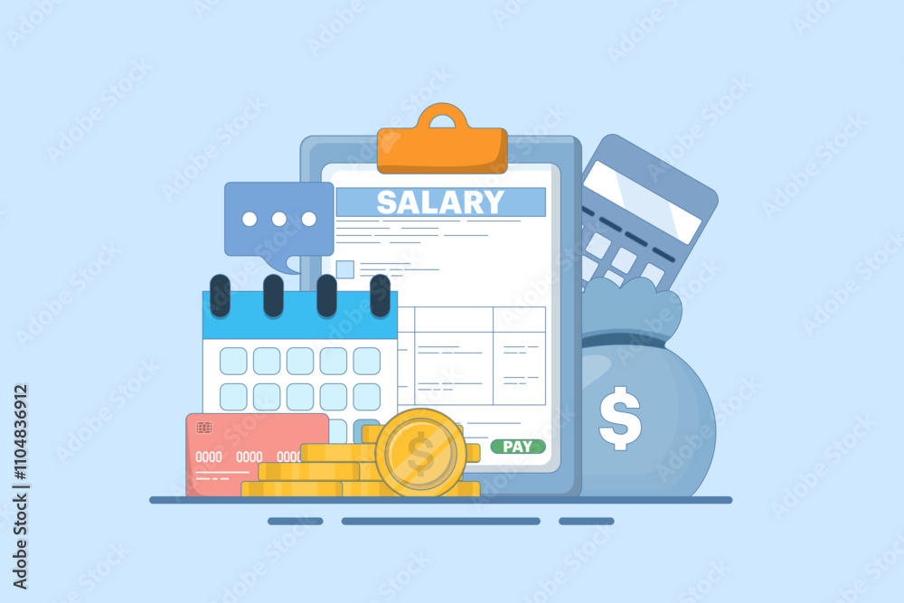 Payroll Concept, payroll administration, accountant calculating salary, Expenses, salary calculation for web landing page template, banner, flyer. Flat vector illustration on background. Payroll Concept, payroll administration, accountant calculating salary, Expenses, salary calculation for web landing page template, banner, flyer. Flat vector illustration on background.