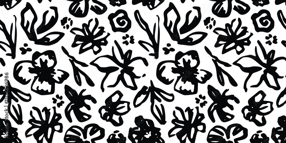 Abstract Black, White Floral Pattern with Ink Hand Drawn Flowers. Monochrome Freehand Ditsy Chamomile, Peony, Rose, Bloom Wallpaper. Pretty Brush Stroke Flower Seamless Pattern. Tropical Foliage Print Abstract Black, White Floral Pattern with Ink Hand Drawn Flowers. Monochrome Freehand Ditsy Chamomile, Peony, Rose, Bloom Wallpaper. Pretty Brush Stroke Flower Seamless Pattern. Tropical Foliage Print