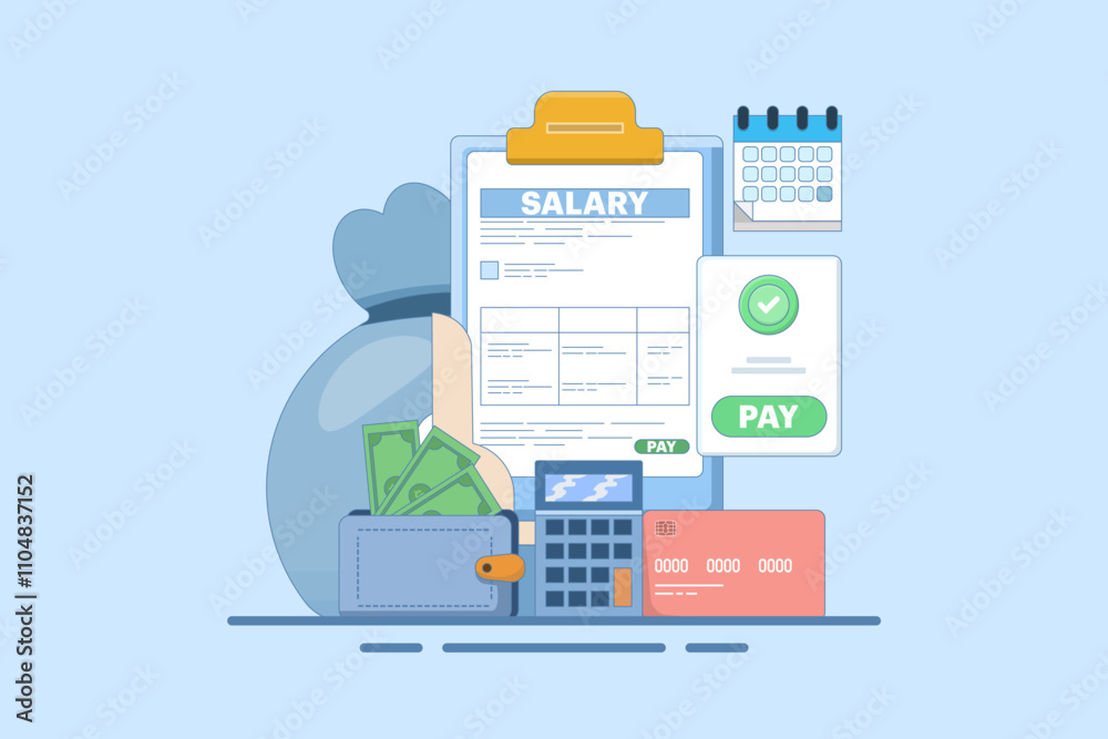 Payroll Concept, payroll administration, accountant calculating salary, Expenses, salary calculation for web landing page template, banner, flyer. Flat vector illustration on background. Payroll Concept, payroll administration, accountant calculating salary, Expenses, salary calculation for web landing page template, banner, flyer. Flat vector illustration on background.