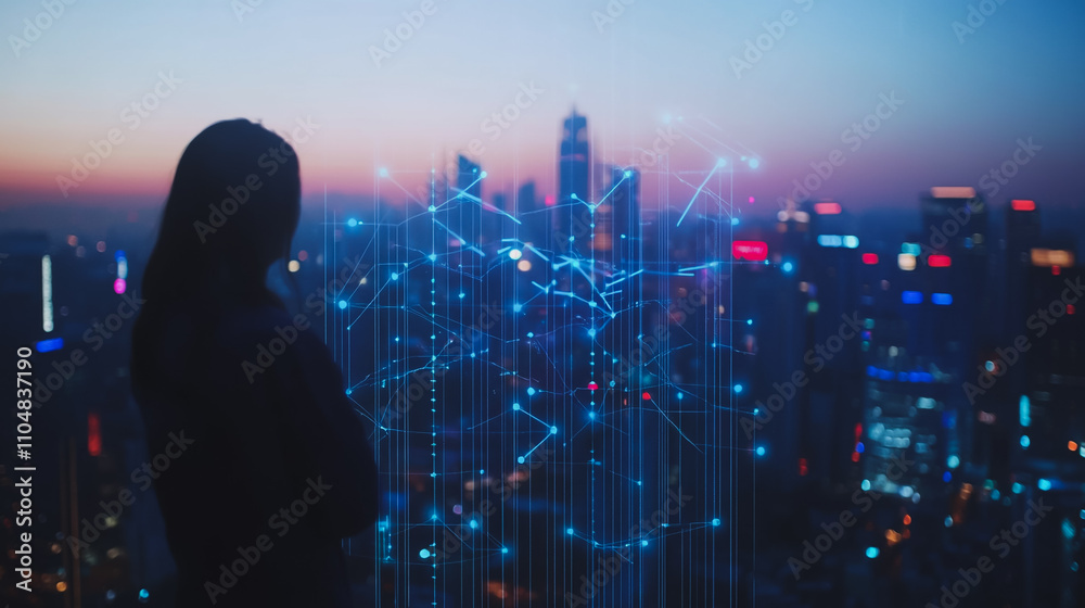 Smart digital city with connection cyber security network reciprocity over the twilight cityscape.future wireless digital city and social media networking systems that connects people within the city Smart digital city with connection cyber security network reciprocity over the twilight cityscape.future wireless digital city and social media networking systems that connects people within the city