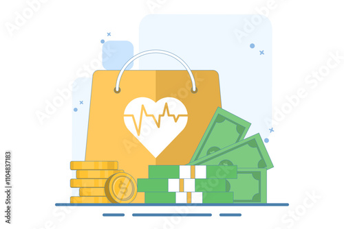medicine and money concept, flat cartoon money stack with medical or pharmacy bag, expensive medical care, big expenses for prescription drugs. flat vector illustration on background