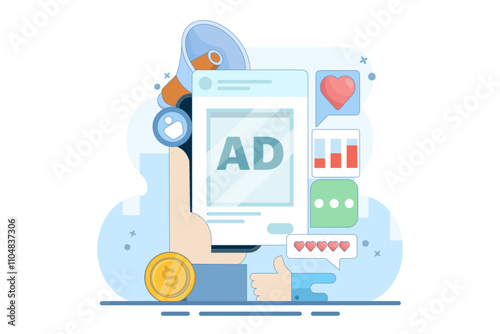 Social media advertising concept, Running social media ads to get more traffic, conversions and sales. online management or advertising. flat vector illustration on background with icons. photo