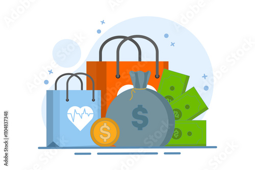 medicine and money concept, flat cartoon money stack with medical or pharmacy bag, expensive medical care, big expenses for prescription drugs. flat vector illustration on background