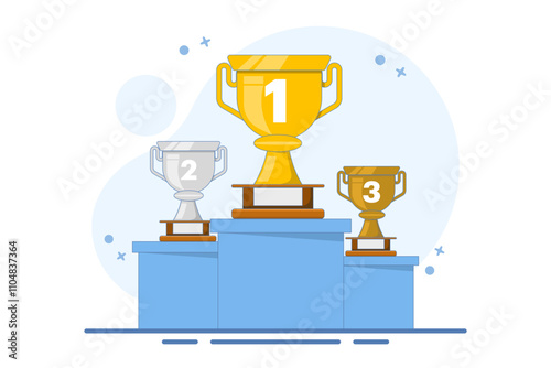 Concept of winner podium with trophies. Prizes for champions. Gold, silver and bronze cups. Winners with awards. About business success, awards, career, successful projects and competitions.