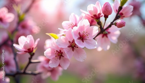 Close-up of pink flowers on branch with sunlight filtering through petals