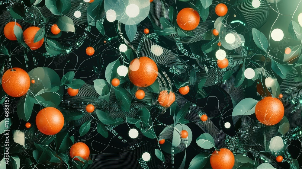 A vibrant arrangement of orange fruits amidst lush green leaves, creating a rich and lively botanical scene. A vibrant arrangement of orange fruits amidst lush green leaves, creating a rich and lively botanical scene.
