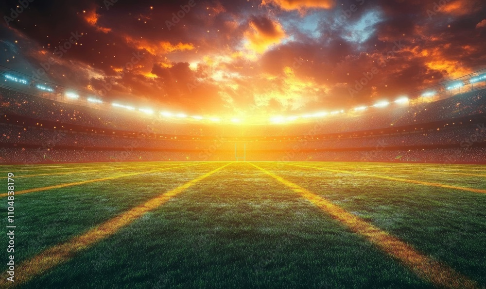 Illuminated Football Stadium at Sunset with Dramatic Clouds and Rays of Light Illuminated Football Stadium at Sunset with Dramatic Clouds and Rays of Light