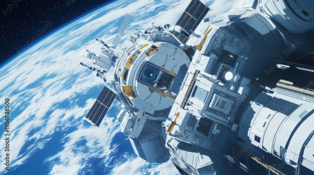 Fototapeta premium A robotic space construction project assembling a space station in Earth orbit, autonomous construction drones building modular habitats, Space Construction style