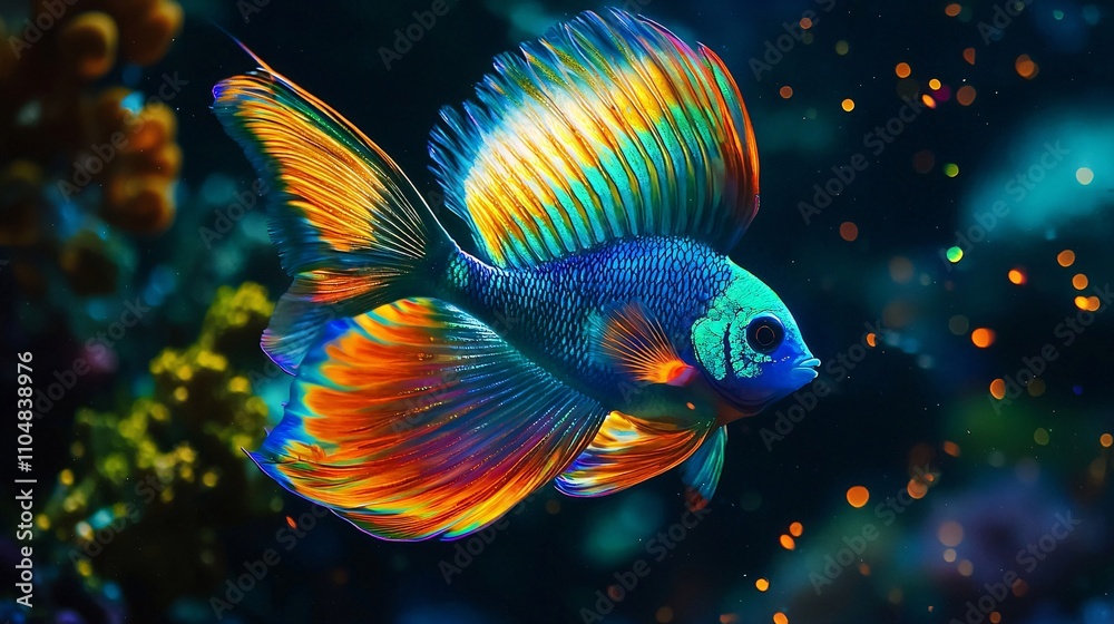 Beautiful Peacock Fish Moves Gracefully, Its Tail Creating a Shimmering Glow Beautiful Peacock Fish Moves Gracefully, Its Tail Creating a Shimmering Glow