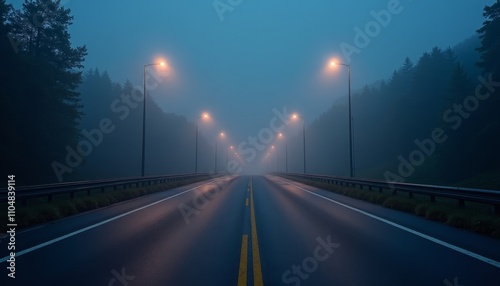 Foggy highway at night with illuminated street lights