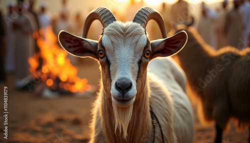 A curious horned goat looking at the camera with a focused gaze photo