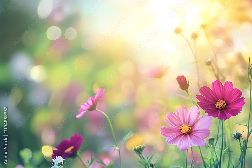 Naklejka premium Cosmos flowers blooming in the garden with sun light, nature background