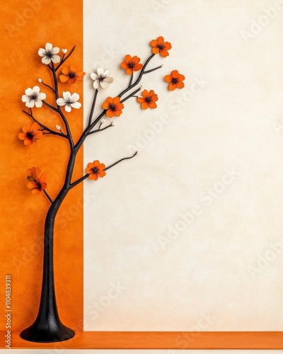 A stylized, decorative cherry blossom branch with both orange and white flowers is displayed against a striking orange background, transitioning to a cream-toned backdrop.