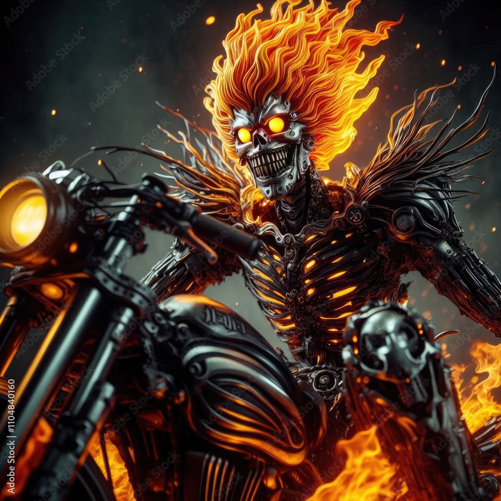 skull with fire hair riding fire motor illustration, ai skull with fire hair riding fire motor illustration, ai