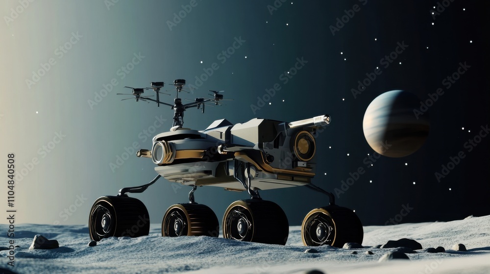 Naklejka premium A robotic space exploration mission to Saturn's moon Titan, advanced spacecraft with exploration drones, Space style