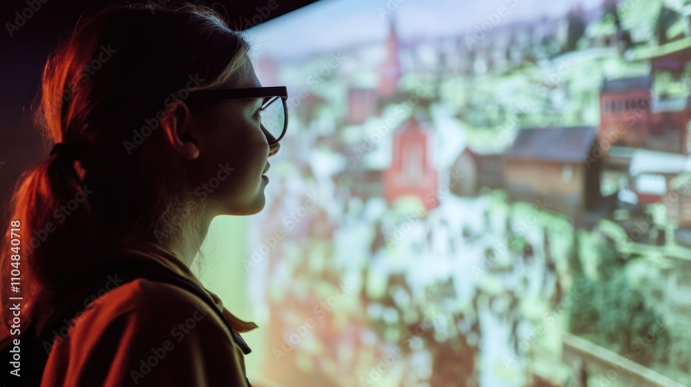 A young person observes a vibrant projection of a landscape, engaging with visual art. A young person observes a vibrant projection of a landscape, engaging with visual art.