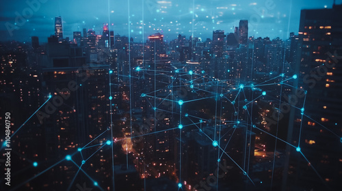  Smart digital city with connection cyber security network reciprocity over the twilight cityscape.future wireless digital city and social media networking systems that connects people within the city