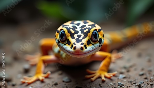 Colorful leopard gecko with yellow body speckled with black spots; orange feet and tail photo