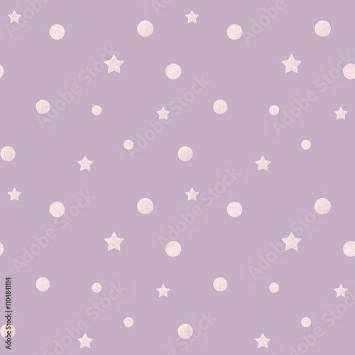 Seamless simple pattern with pink stars, polka dots on a lilac background.