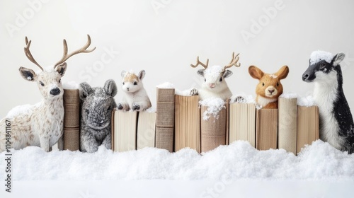 Snow-covered children s books with animals, earthy boho tones, isolated on white background photo