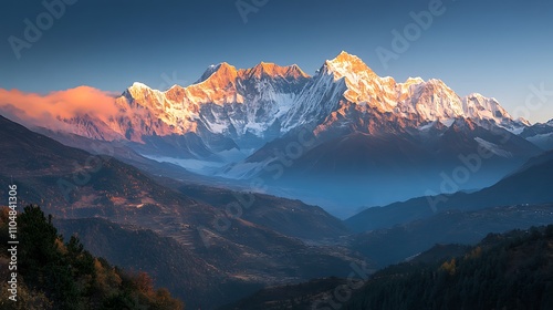 A breathtaking mountain landscape at sunset with golden hues lighting up the peaks and a peaceful valley below. 