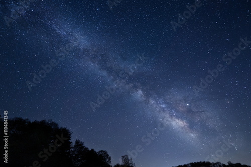 森の上空に輝く天の川と能登半島の星空