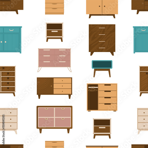 Seamless pattern of chests of drawers and cabinets of different styles and designs. Furniture for home and office. Storage of clothes and textiles. Vector illustration