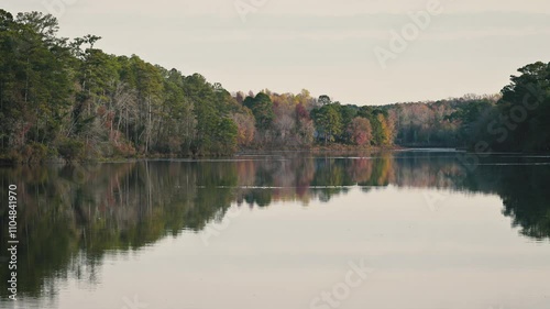 Footage of Lake Rim Park in Fayetteville, North Carolina on a crisp, autumn, November morning, perfect for serene videos, NC Wildlife Resources Commission