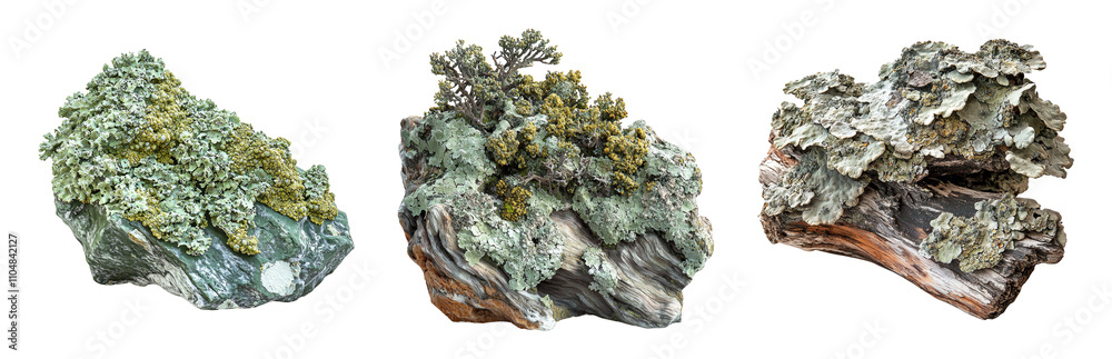Obraz premium Textured Rock formations with Lichen and Moss Growth Isolated on transparent background png