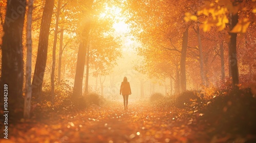 Embracing Nature's Wisdom: Woman Walking Mindfully in Vibrant Autumn Forest for Regenerative Beauty and Self-Reflection - Photorealistic Illustration
