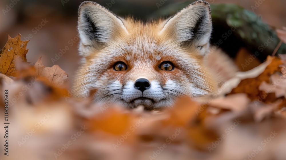 Naklejka premium Adorable Red Fox in Autumn Leaves Wildlife Photography