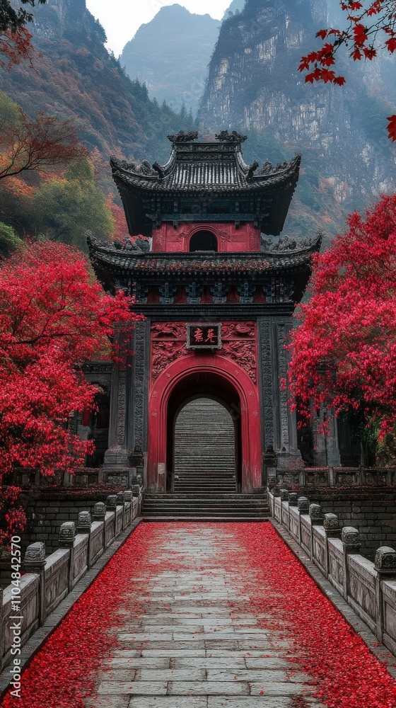 Obraz premium Serene autumn scene featuring a traditional Chinese red gate and bridge, surrounded by vibrant red maple leaves against a dramatic mountain backdrop.