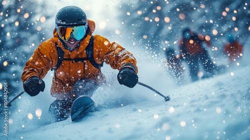 Friends enjoying a thrilling snowboarding adventure at a winter resort during a snowy day in the mountains