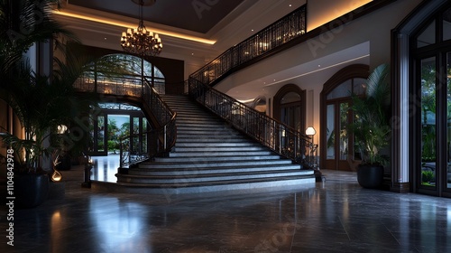 Grand Mansion's Elegant Marble Staircase at Night