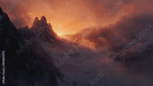 A breathtaking mountain landscape at sunset, showcasing dramatic peaks and vibrant sky colors.