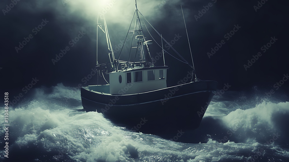 Naklejka premium Small boat in stormy sea rescuing person from water, spotlight illuminating rescue mission amidst crashing waves.