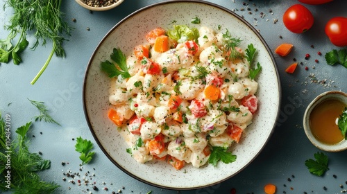 Creamy vegetable salad in a bowl, garnished with herbs and colorful veggies.