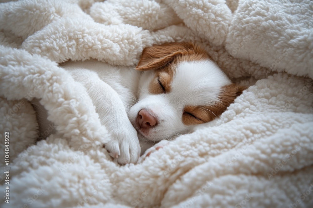 A small, white and brown puppy sleeps soundly curled up in a white fluffy blanket. A small, white and brown puppy sleeps soundly curled up in a white fluffy blanket.