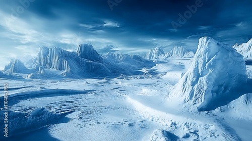 A frozen tundra landscape with snow-covered terrain and icy blue skies, painted in cool tones.  photo