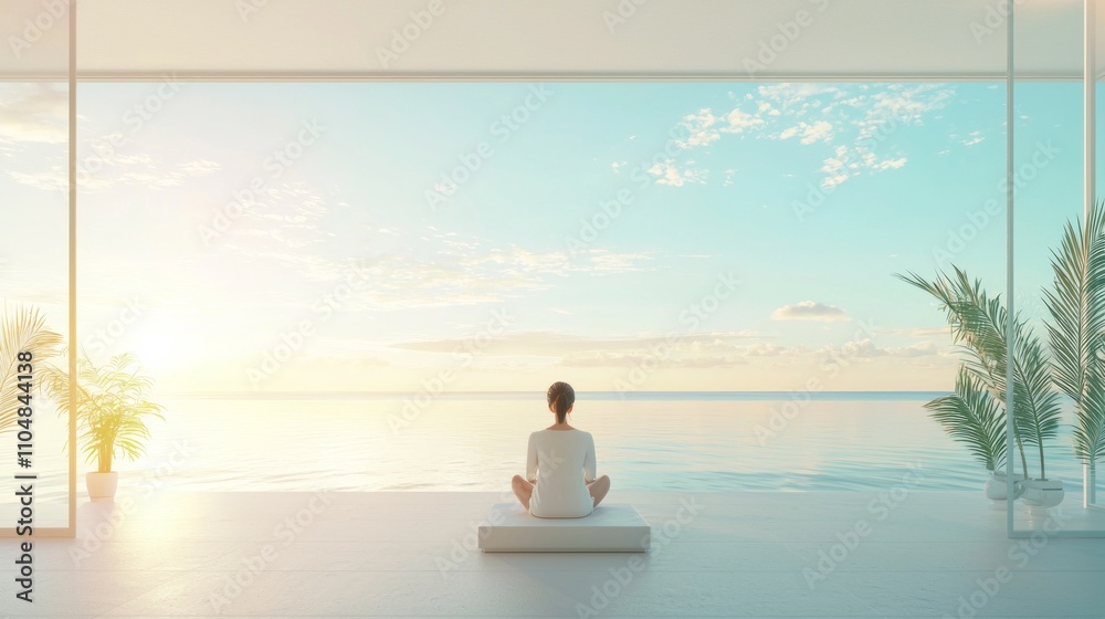 Fototapeta premium Serene Beauty: Woman in Calming Skincare Routine by Ocean View Window, Sunlight, Regenerative Beauty Concept