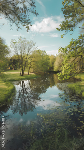 River Reflection in a Green Landscape