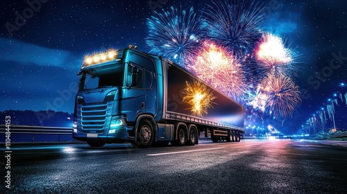 Fireworks celebration with a truck on a highway