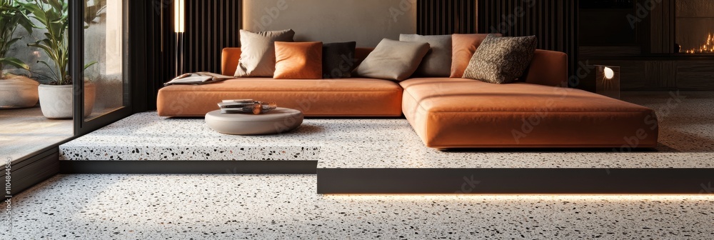 Modern Terrazzo Platform with Orange Sectional Sofa - Stylish living ...