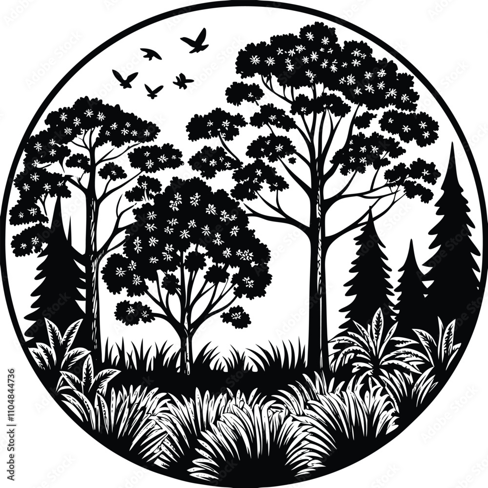 Fototapeta premium Forest vector silhouette, isolated white background